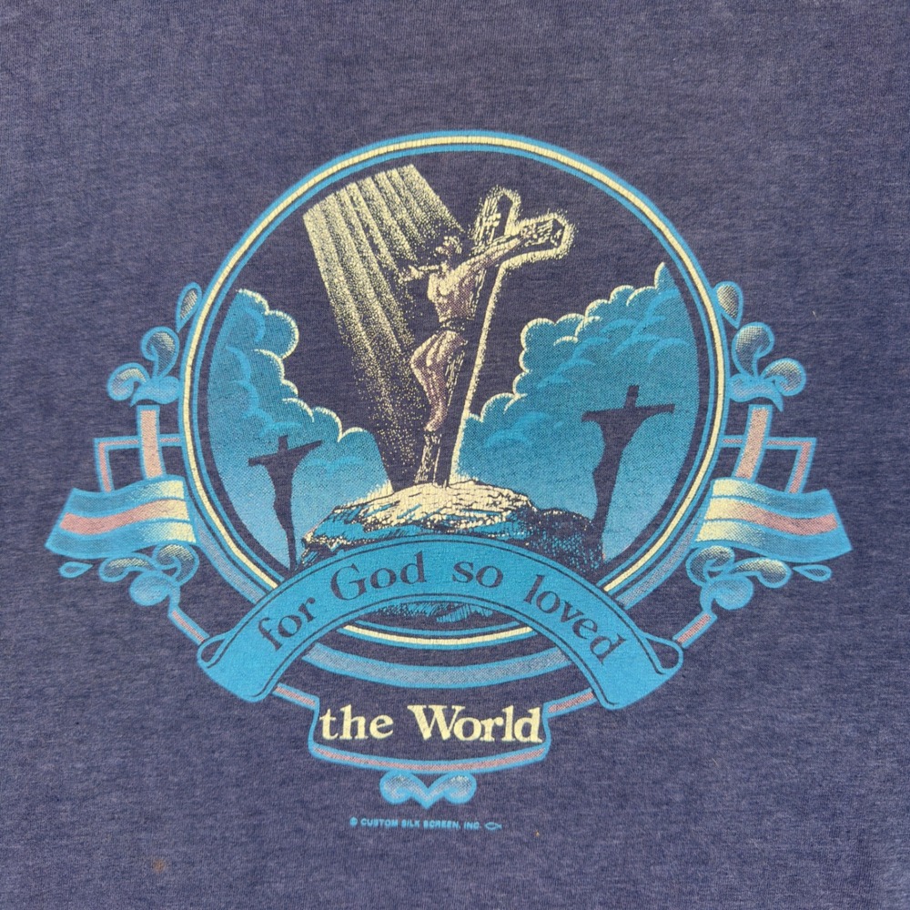 Vtg 80s Christian Jesus Graphic T Shirt Men's M Blue Single Stitch Religious Tee - Picture 3 of 8